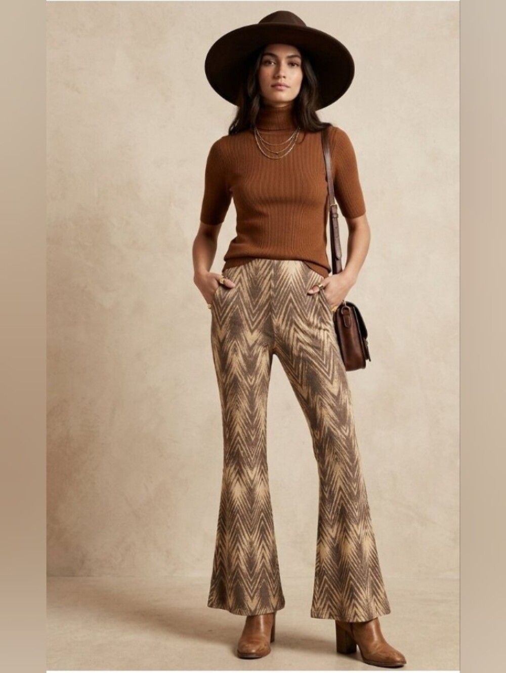 Women's Brown Chevron Knit Flare Pants